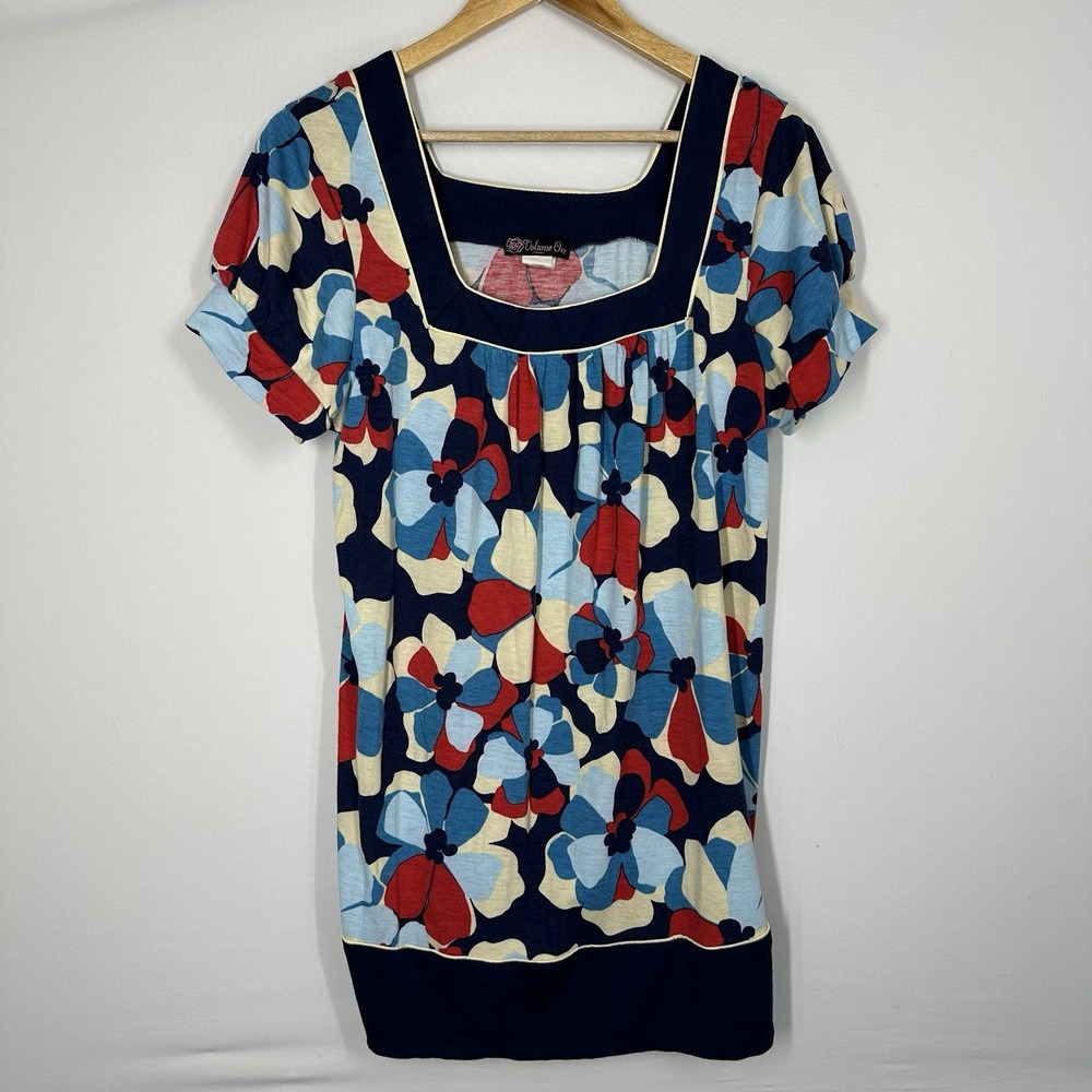 Volume One square-neck top colorful abstract floral print 1X dress Puff Sleeve
